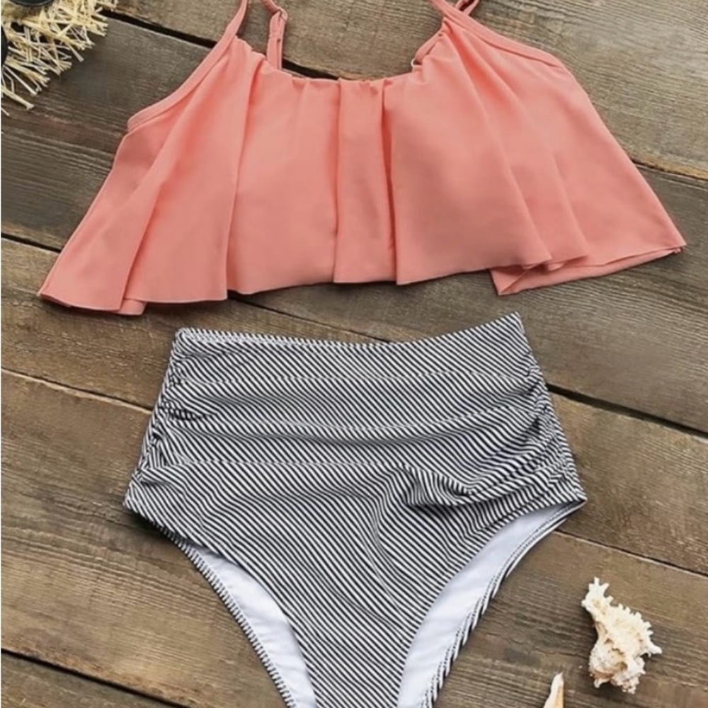 Pink Ruffle Bikini Top and Striped High-Waisted Bottoms
